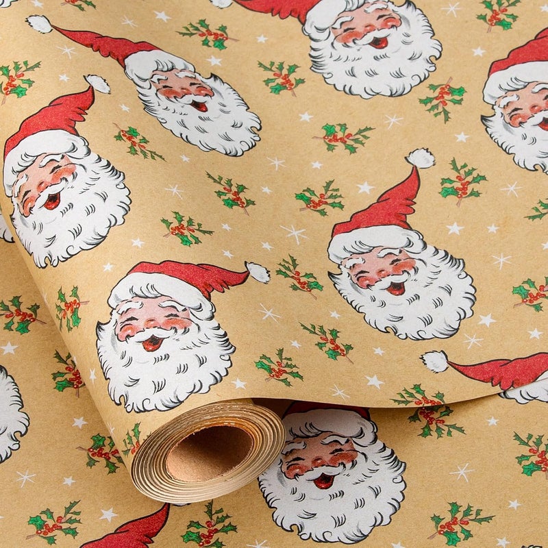 Merture Kraft Christmas Wrapping Paper Roll, Brown Gift Wrap Paper with Cute Happy Santa Claus for Christmas Birthday Festival Party - Mini Roll - 17 In X 32.8 Ft (46.5 sqft) - Image 1